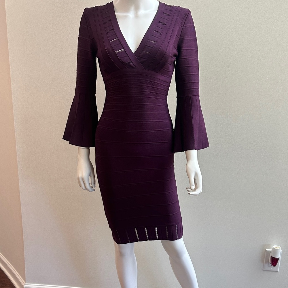 Stunning Herve Leger Elegant Bordeaux (Wine) V-Neck Dress